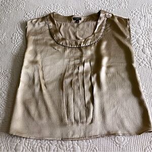 Talbots beige silk sleeveless top w/metal nibs around collar & front pleats